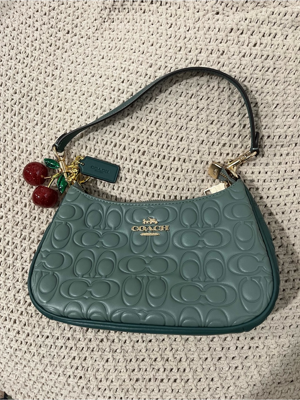 COACH Green Embossed Leather Shoulder Bag with Cherry Charm
